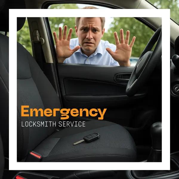 Man Locked Out of Car – Keys Left Inside Vehicle Frustrated man locked out of car with keys visible on driver’s seat